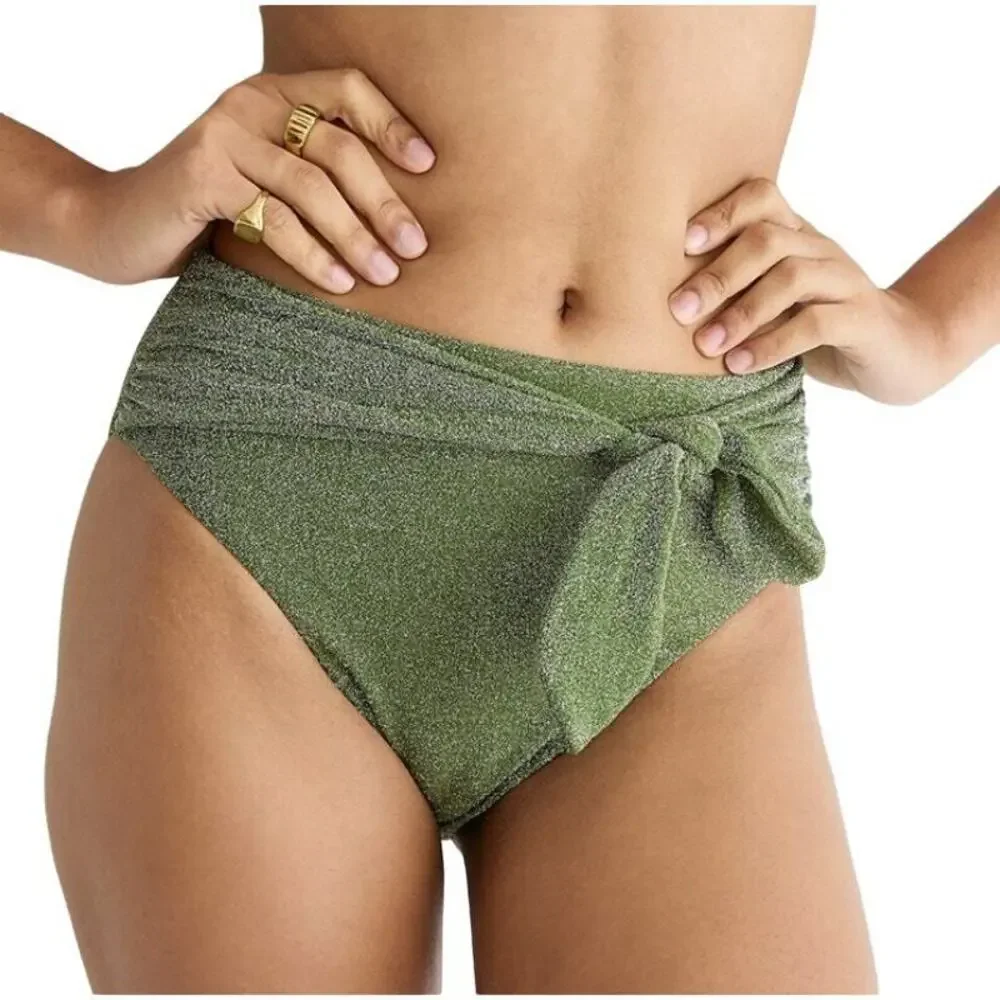 New J. Crew Green Sparkle High Cut Tie Waist Bikini Swim Bathing Suit Bottom XXS